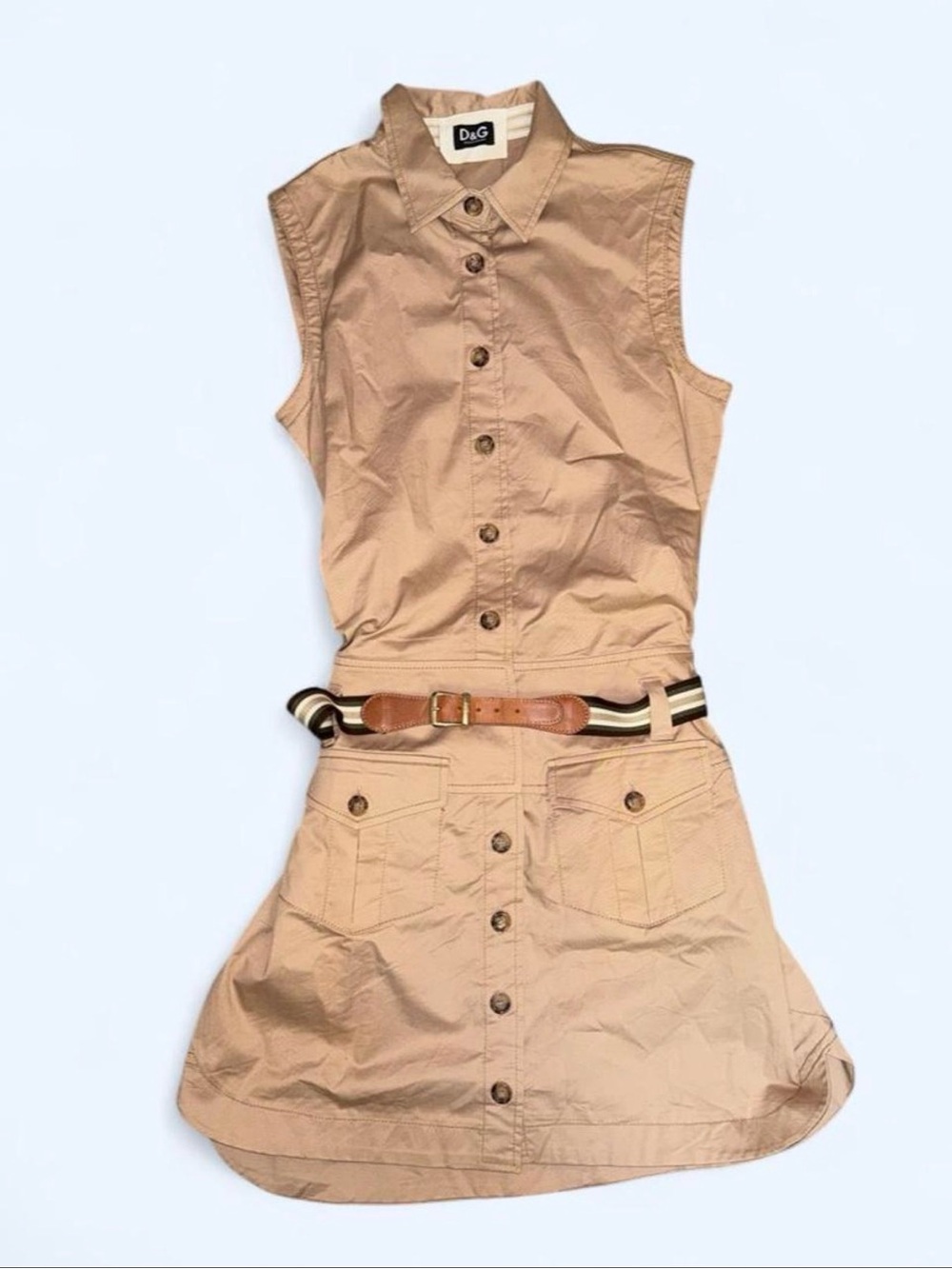 D&G Sleeveless Tan Button-Front Mini Dress with Striped Belt
